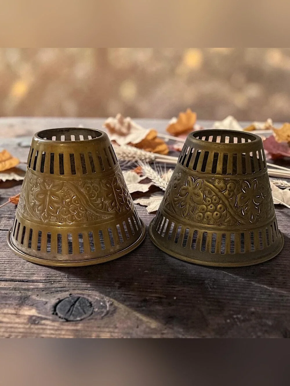 2 Vintage Brass Candle Votive Shades Pair Pierced Embossed Grape Floral Patina